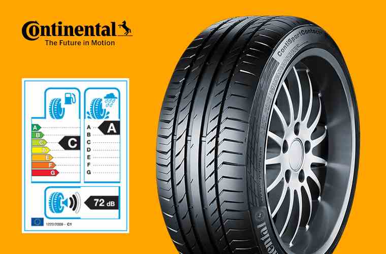 A Continental Tyre & its Rating - C for Rolling Resistance, A for Wet Grip, and 72dB for Noise.