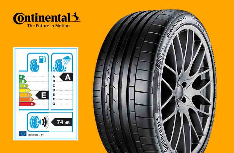A Continental Tyre & its Rating - E for Rolling Resistance, A for Wet Grip, and 74dB for Noise.