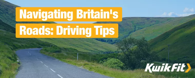 The text 'Navigating Britain's Roads: Driving Tips' is overlaid on top of a picture of an A-road in the English countryside. 