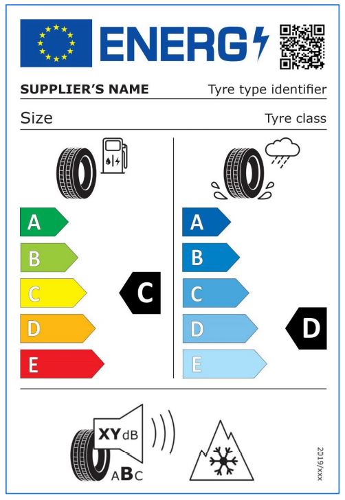 An EU tyre label showing a tyre noise rating of B.