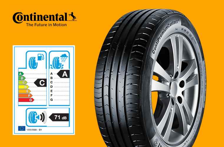 A Continental Tyre & its Rating - C for Rolling Resistance, A for Wet Grip, and 71dB for Noise.