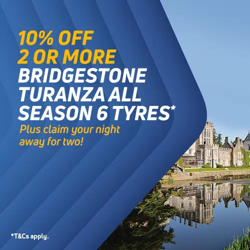 10% Off 2 or more Bridgestone Turanza All Season 6 tyres plus claim a Free Night Away For Two