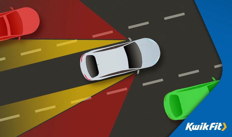 Illustration of a car's blind spots on a motorway aided by extra sensors.