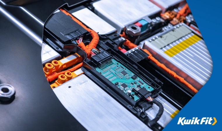 Close up of a circuit within a lithium ion battery assembly  likely to be a controller that helps regulate the charge.