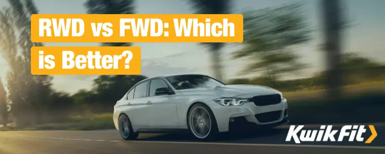 The text 'RWD vs FWD: Which is Better?' is overlaid on top of an image of a white FWD BMW.