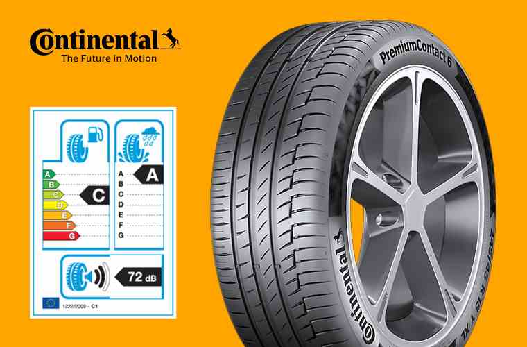 A Continental Tyre & its Rating - C for Rolling Resistance, A for Wet Grip, and 72dB for Noise.