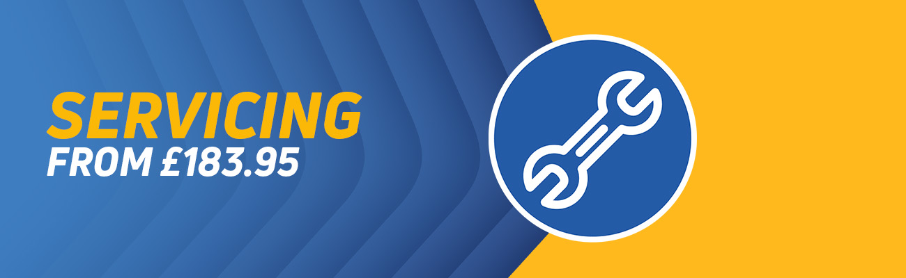 An image of a spanner with a blue and yellow background, with the text Servicing from &pound;182.95