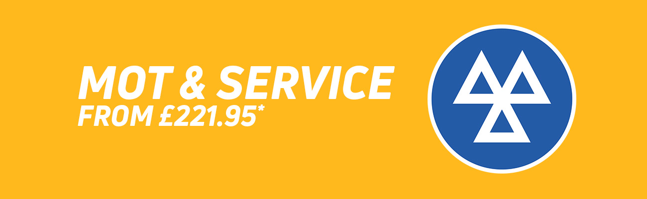  A yellow background with the MOT icon with text reading MOT & Service from &pound;221.95*
