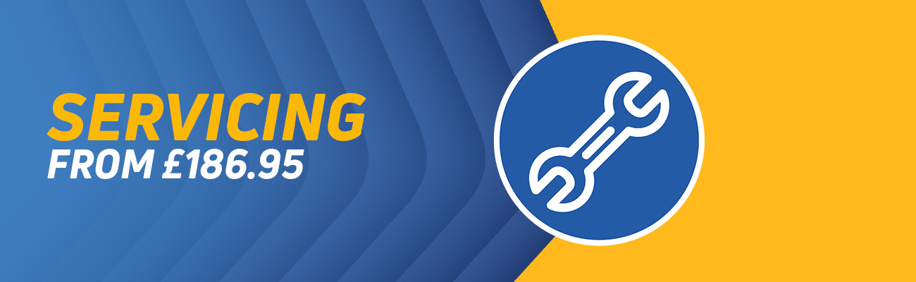 An image of a spanner with a blue and yellow background, with the text Servicing from &pound;186.95