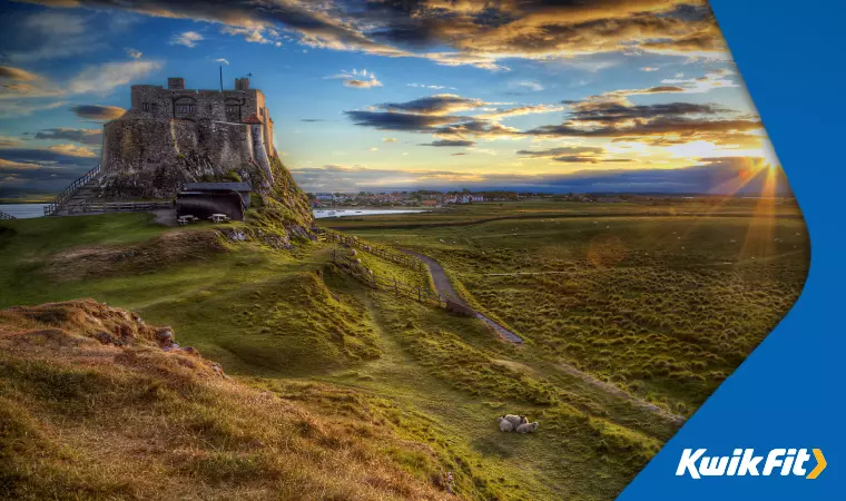 Dramatic view of Lindisfarne castle over the marsh of Holy Island.