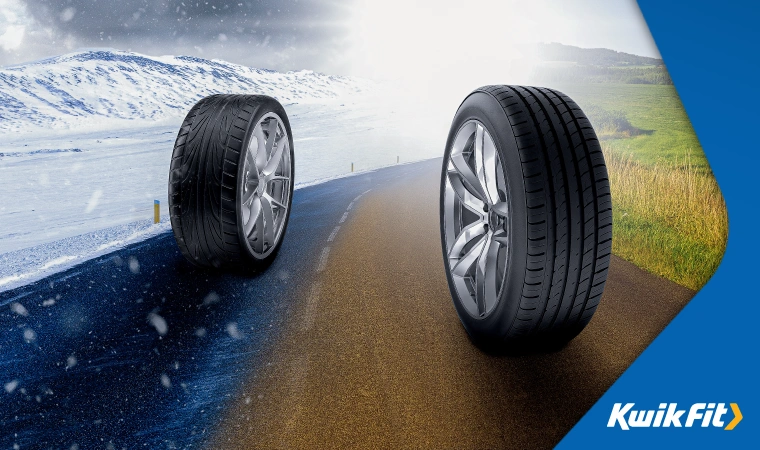 A composite concept image showing a winter tyre juxtaposed against a summer tyre, both against typical seasonal backgrounds.