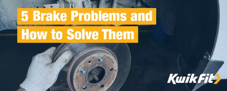 The title '5 Brake Problems and How to Solve Them' over an image of a mechanic changing a brake disc.