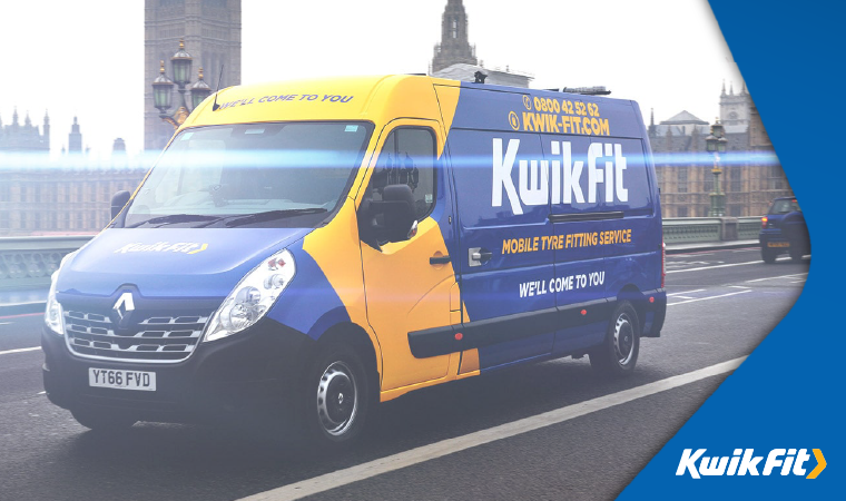 A Kwik Fit Mobile Tyre Fitting van driving.