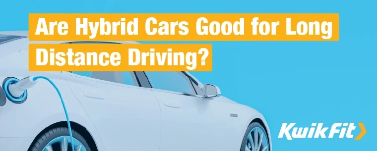 Blog banner showing a white high end hybrid car plugged in to charge in front of a light blue background.