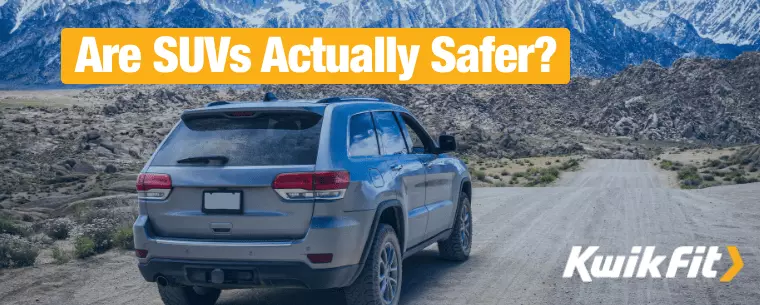  A Grey SUV drives along a desert road. A banner reads, "Are SUVs Actually Safer?".