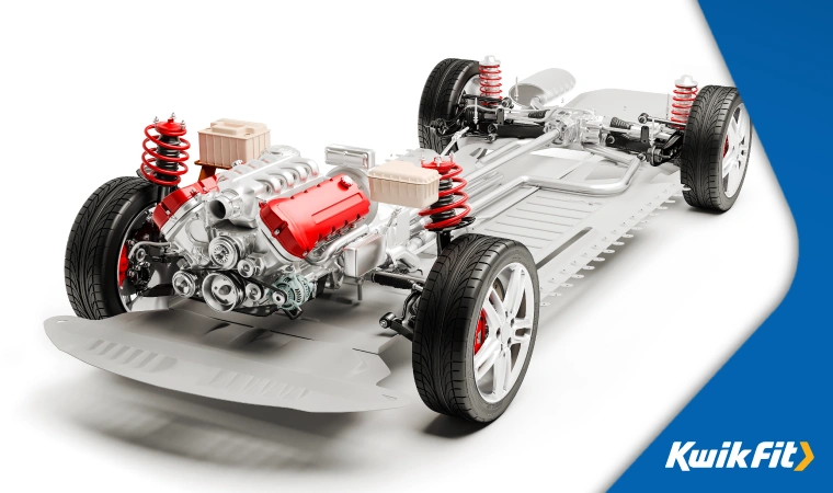 A car chassis showing all the important components of a car.