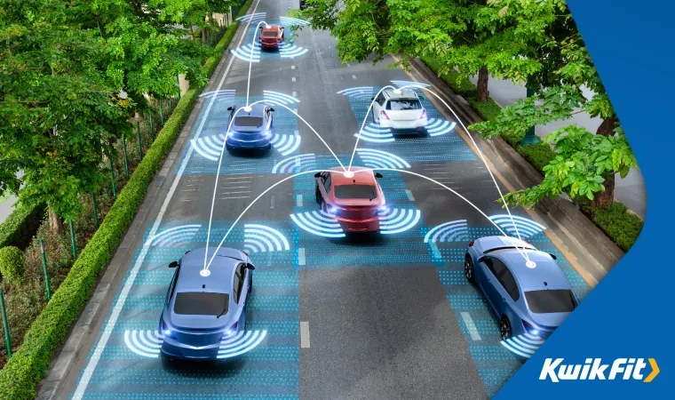 3D rendering of modern cars showing sensors interacting with each other across three lanes of traffic.