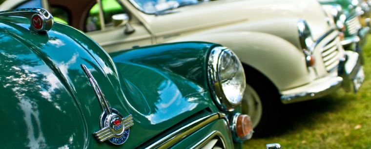 Morris Minor classic cars lined up in a row