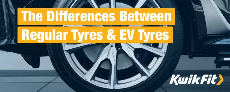 A close-up of an electric vehicle tyre with a banner reading 'The Differences Between Regular Tyres & EV Tyres'.