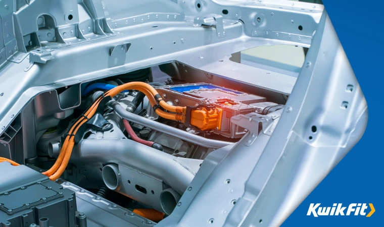 A 3D render showing the battery bank built into the chassis of an electric vehicle.