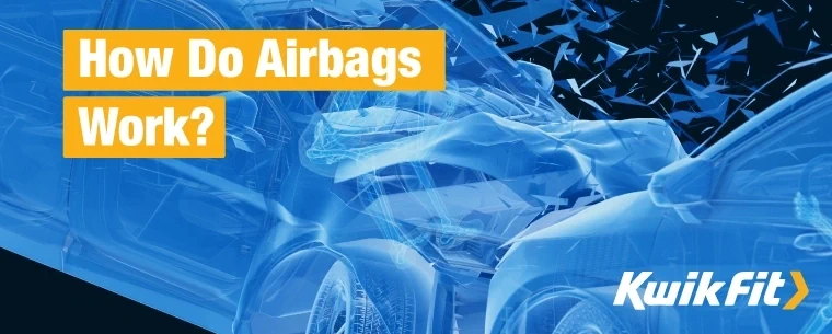 Blog banner showing a 3D rendering of a collision, the banner text reads How do airbags work?.