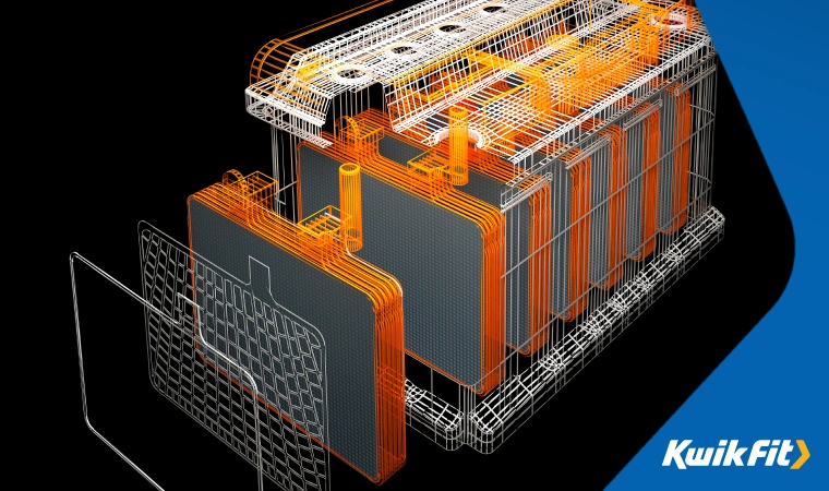 3D render of a typical car battery construction, showing electrical plates assembled inside plastic housing.