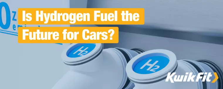 The text Is Hydrogen Fuel the Future for Cars? is overlaid on top of a graphic showing 'H2' fuel pumps.