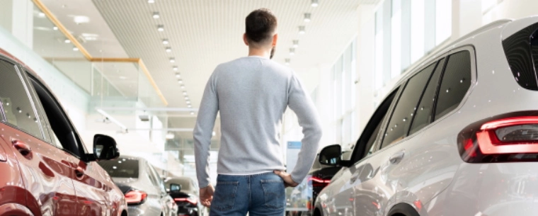 Man at new car showroom unsure of whether he should buy a new car