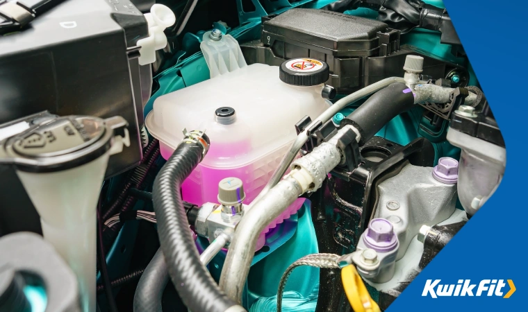 Pink antifreeze being stored in the coolant reservoir of a car.