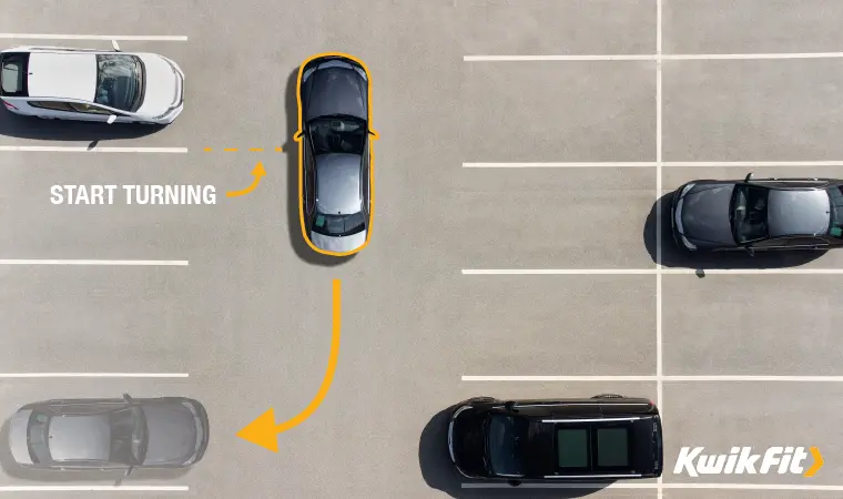 A Kwik Fit graphic showing a car reverse bay parking into a space.