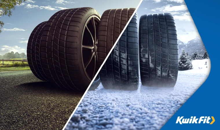 An image split down the middle, with one half being summer tyres, the other half being winter tyres.