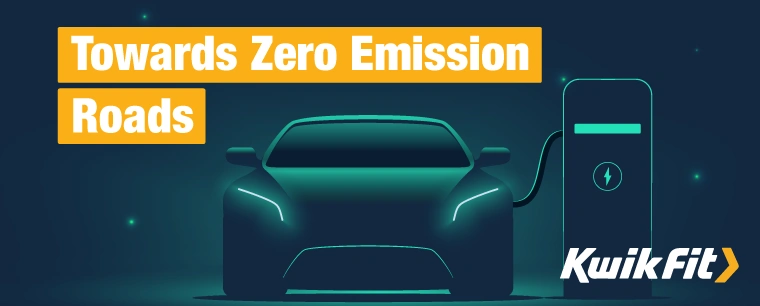 Sleek, neon green design showing an electric car charging. The banner text reads 'Towards Zero Emission Roads'