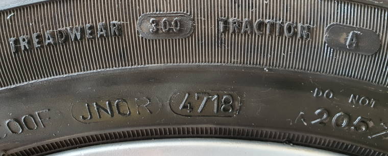 A close up photo of a tyre wall with the date identifier.