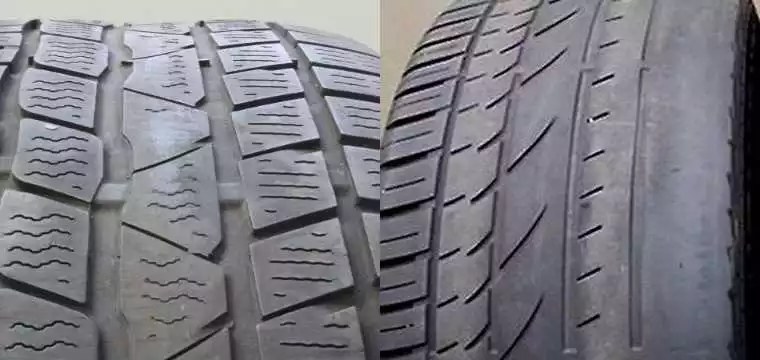  Two tyres side by side, one with a cut and one with a bulge in the sidewall.