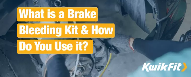 A person sets up a brake bleeding kit. Text reads 'What is a Brake Bleeding Kit & How Do You Use it?'.