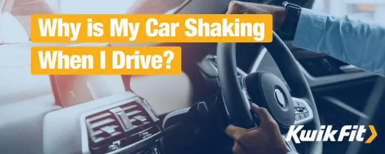 'Why is My Car Shaking When I Drive?' is overlaid on top of an image of a person holding their steering wheel.